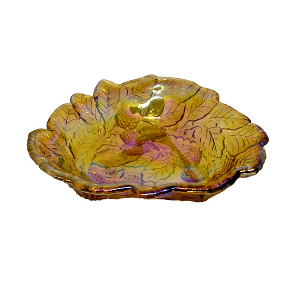 Indiana Iridescent Carnival Glass Amber Marigold Loganberry Nut Candy Dish - Picture 3 of 3